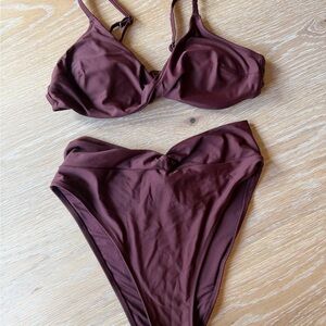 Aerie Burgundy Twist Front Bikini Set – High Waisted Cheeky Bottoms – Size M